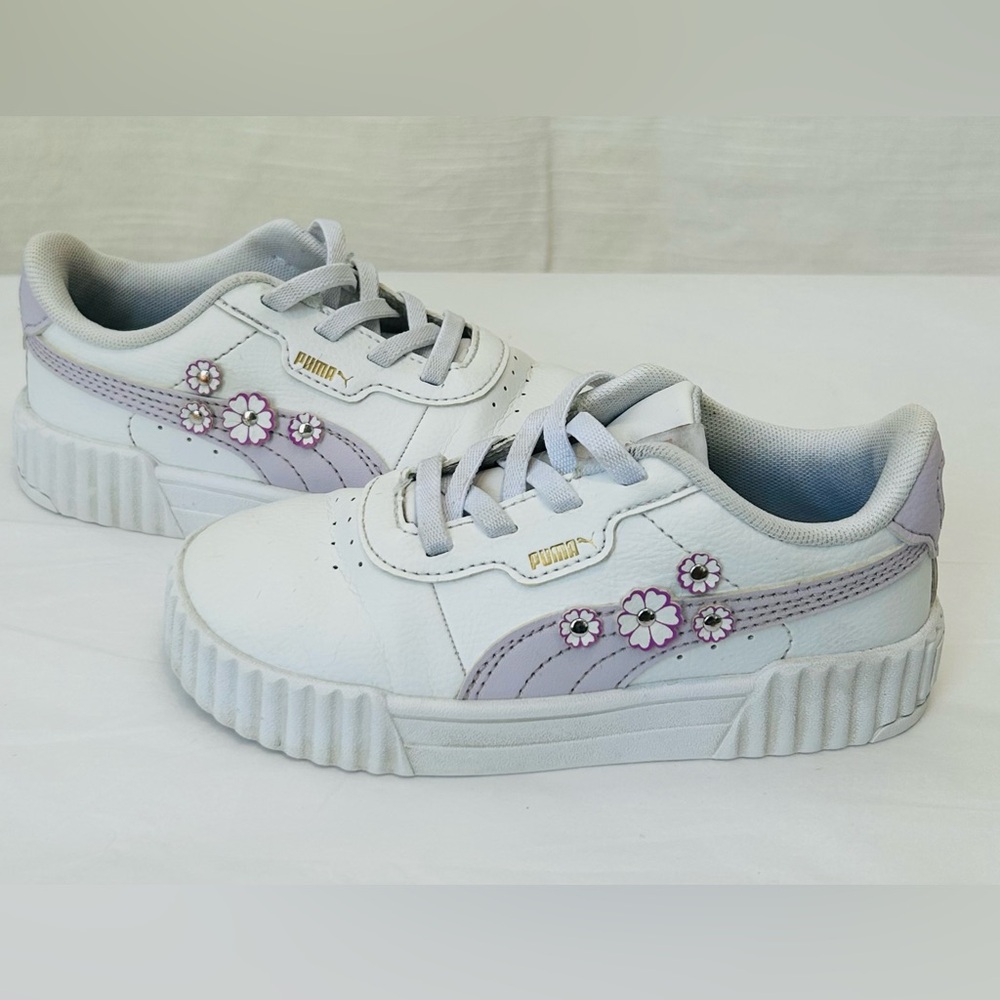 Puma Girls Kids Carina 3.0 First Blossom 3D White and Purple Sneakers